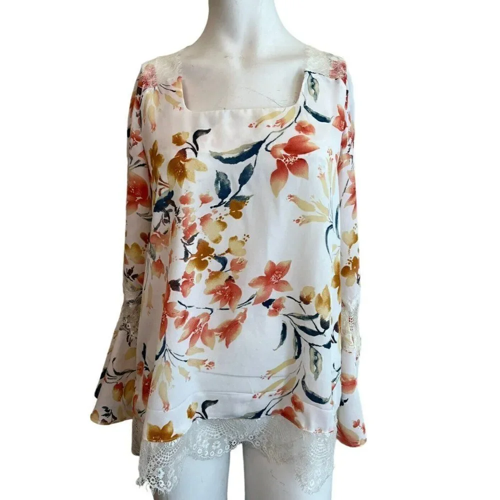 Women's Medium Blouse Off White Floral Lace Trim Top Bell Sleeves NY Collection
